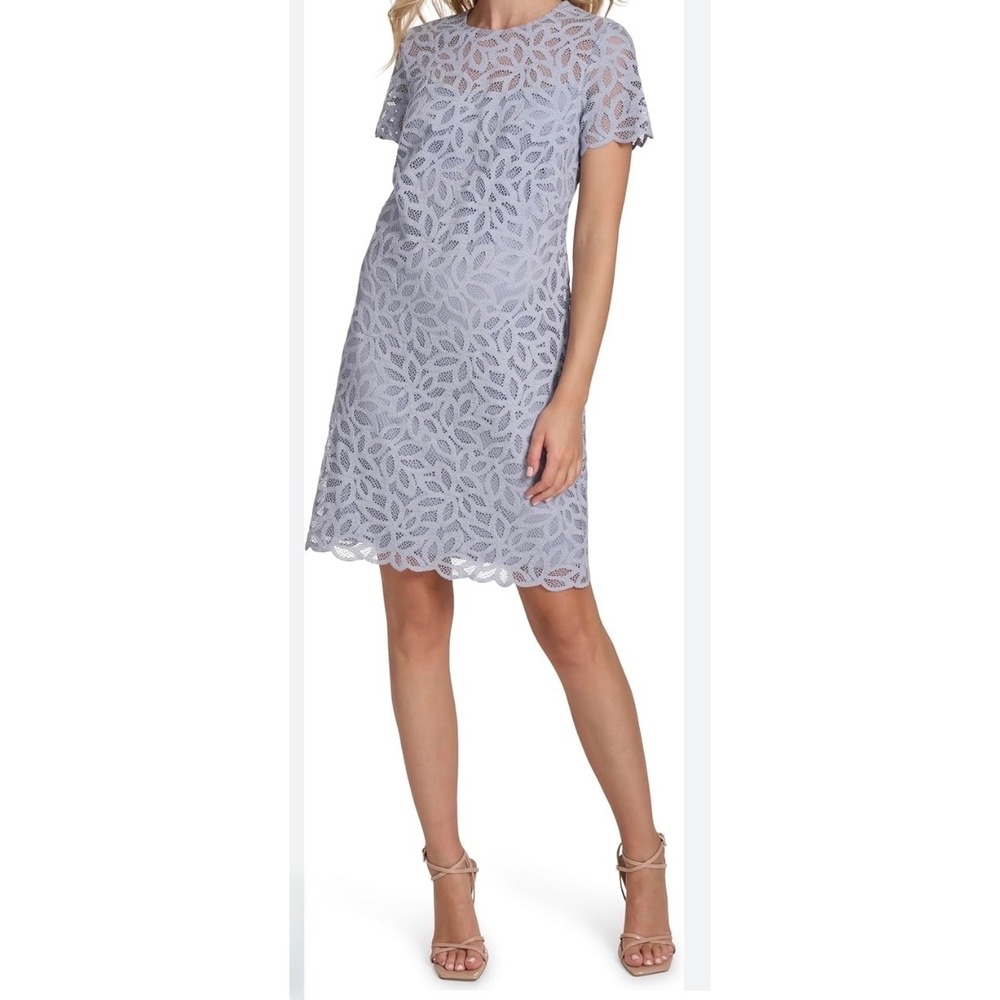Calvin Klein Womens Periwinkle Blue Leaf Lace Shift Dress Size 10 Short Sleeve